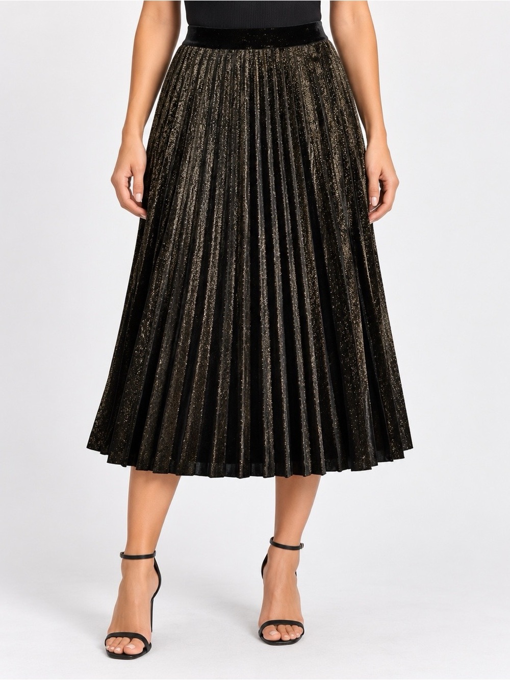 Black Gold Metallic Pleated Midi Skirt Elastic Waist Holiday Party Small